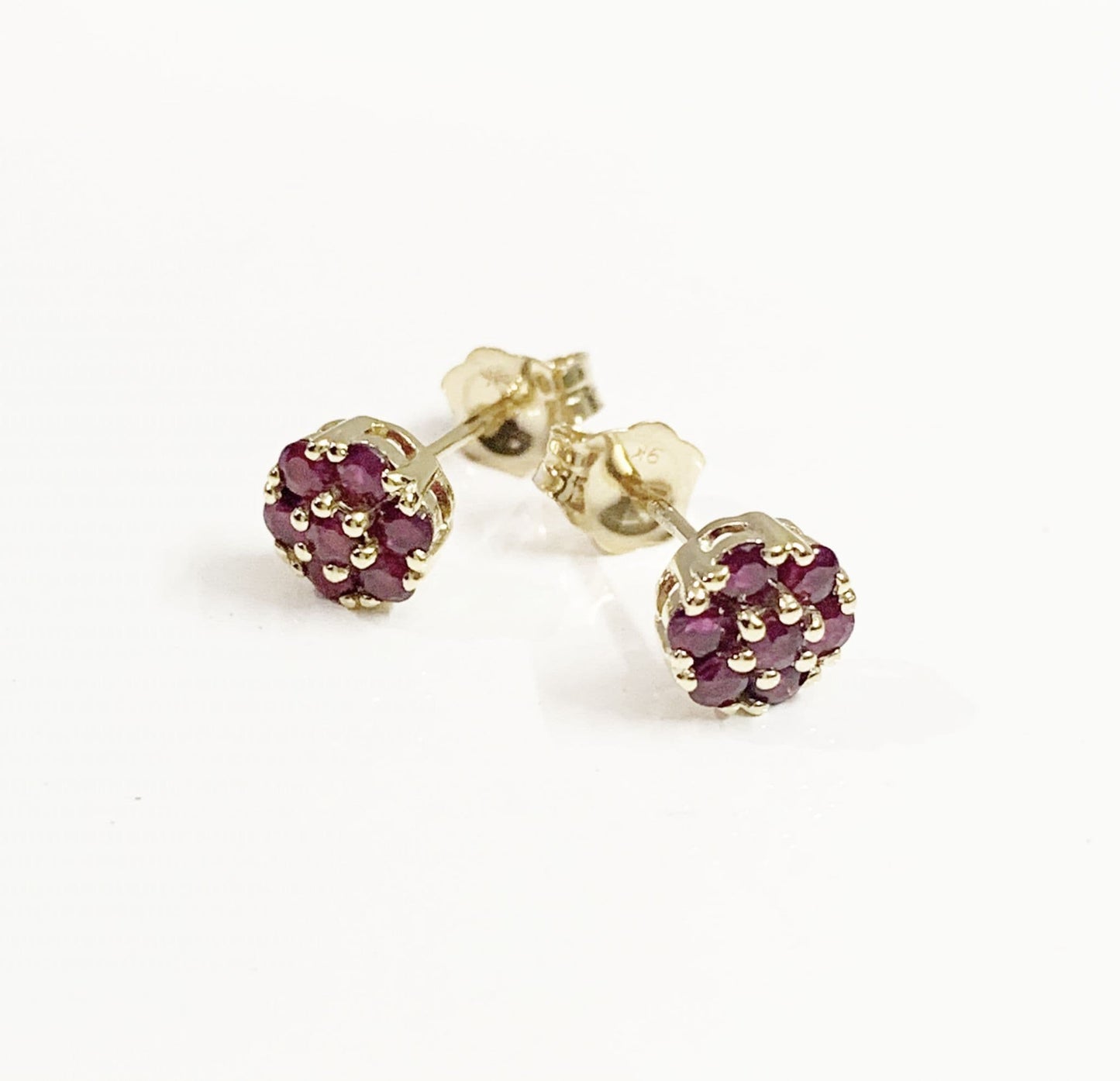 Real ruby earrings daisy cluster yellow gold stud