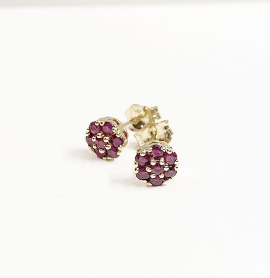 Real ruby earrings daisy cluster yellow gold stud