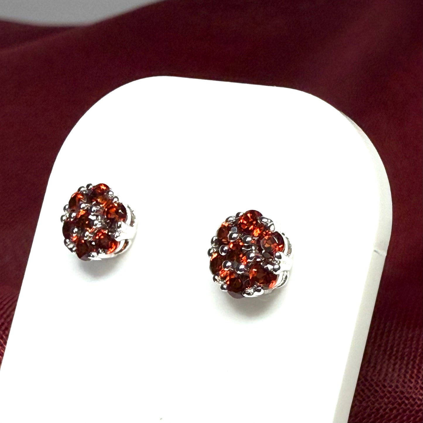 Deep red real garnet white gold daisy cluster stud earrings