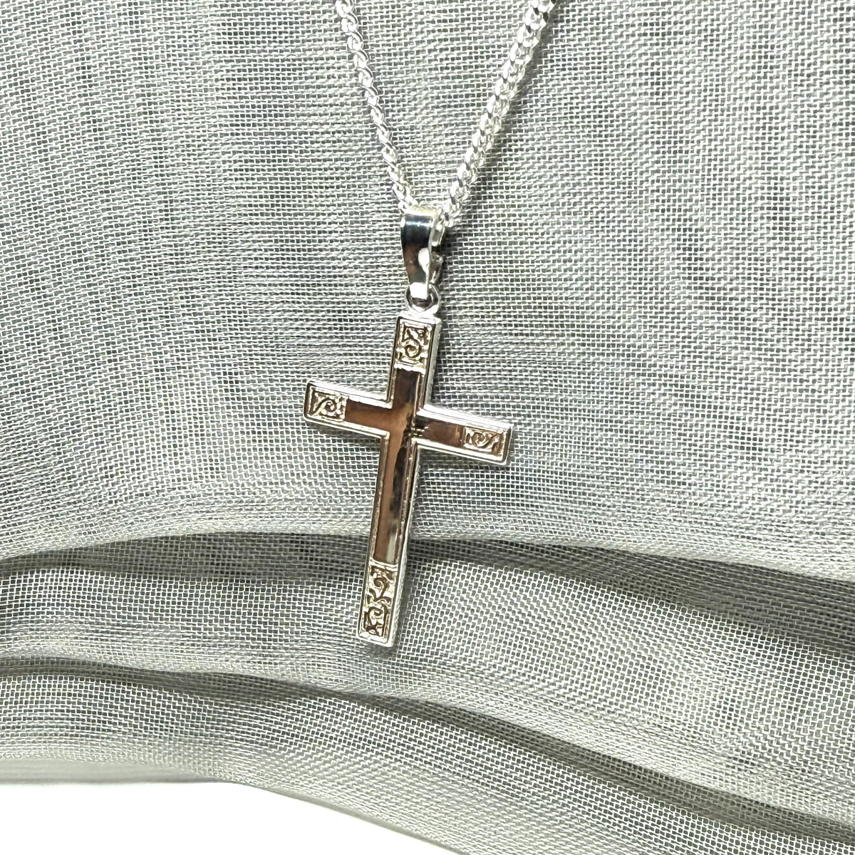 Diamond Cut Solid Sterling Silver Patterned Cross With Chain