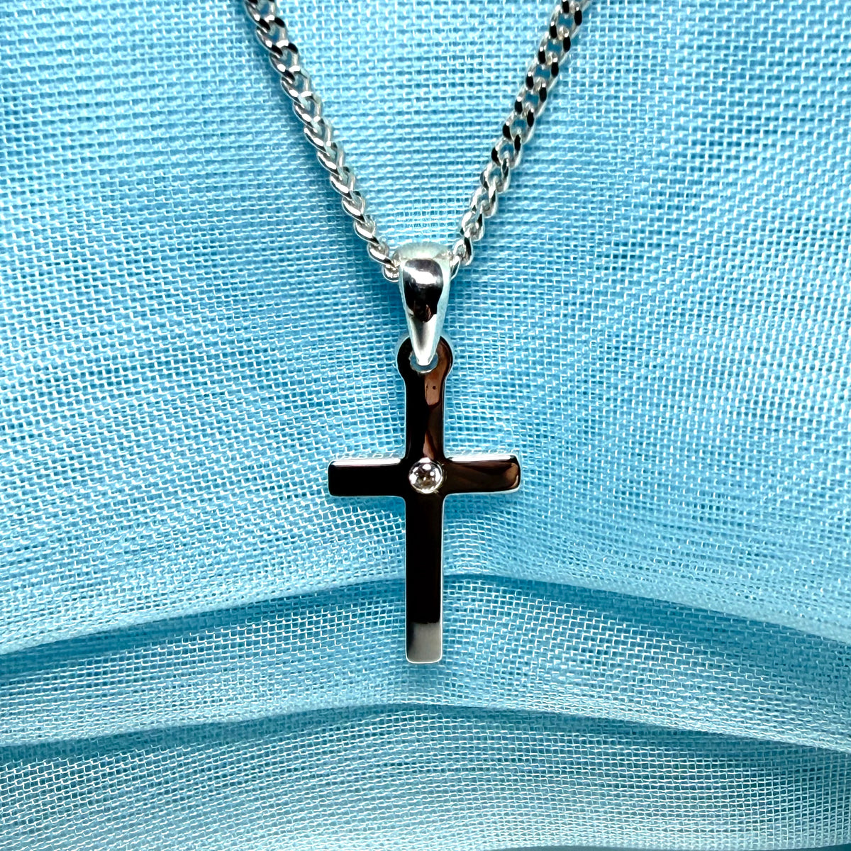 Diamond set cross solid sterling silver polished necklace