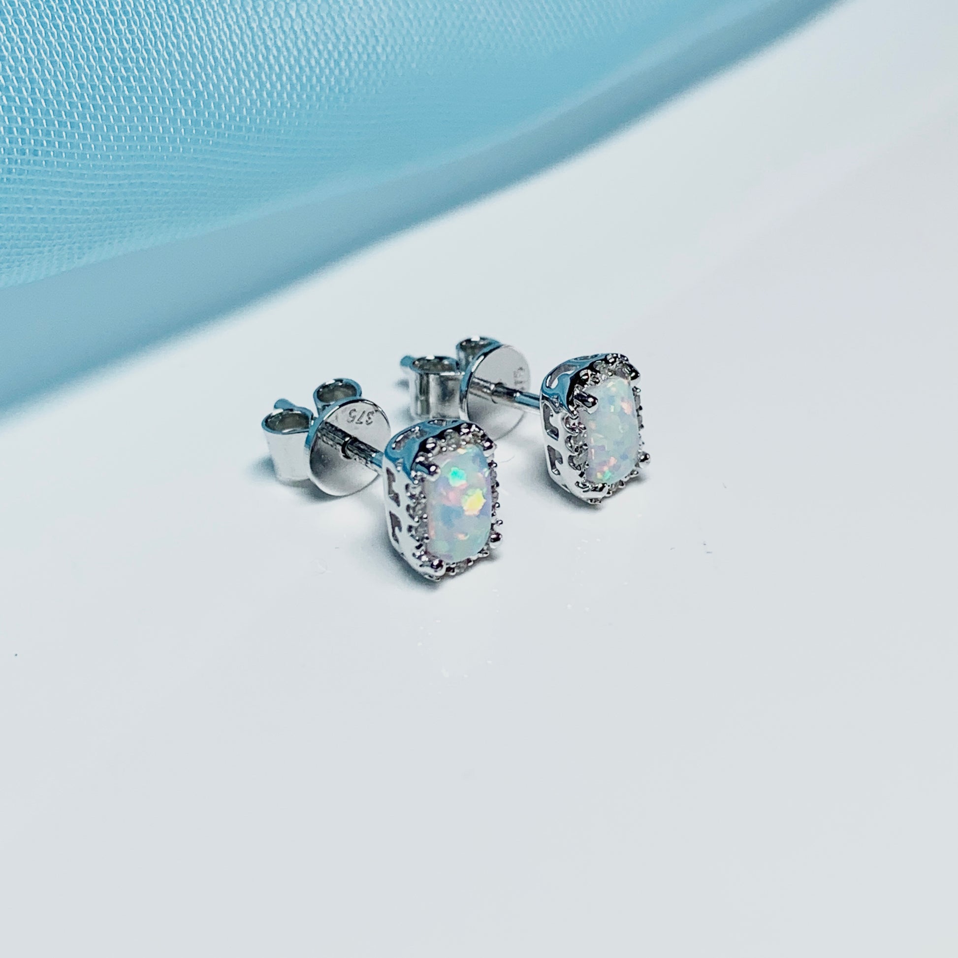 Rectangle Opal And Diamond White Gold Stud Cluster Earrings