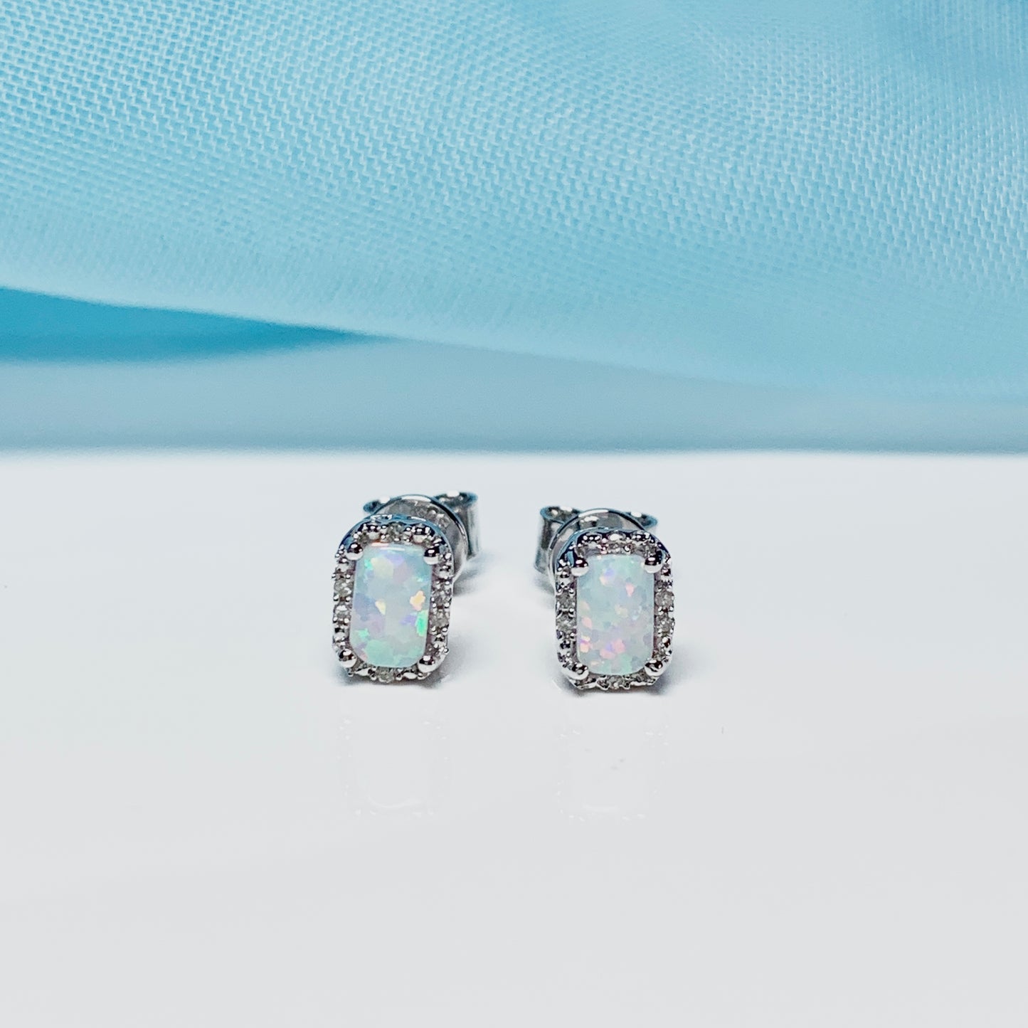 Rectangle Opal And Diamond White Gold Stud Cluster Earrings