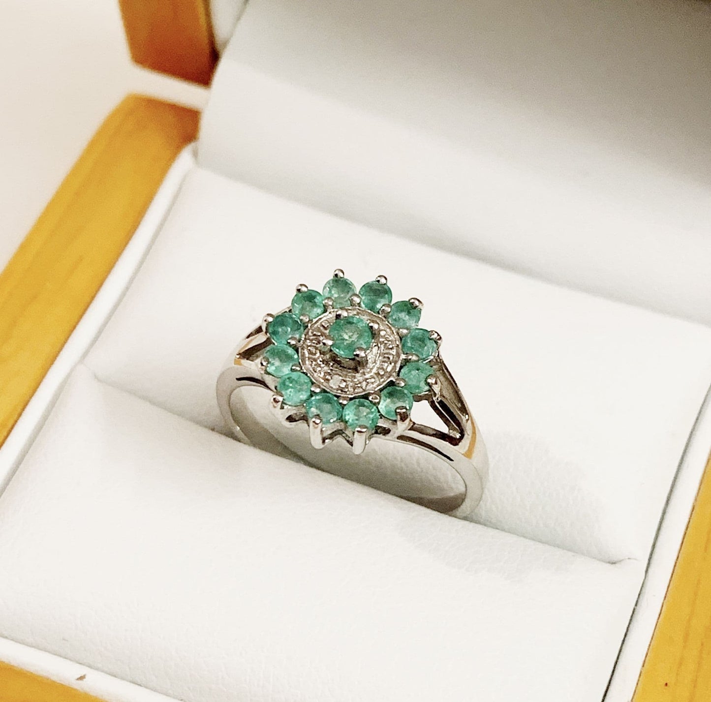 Round Emerald And Diamond Sterling Silver Green Cluster Ring