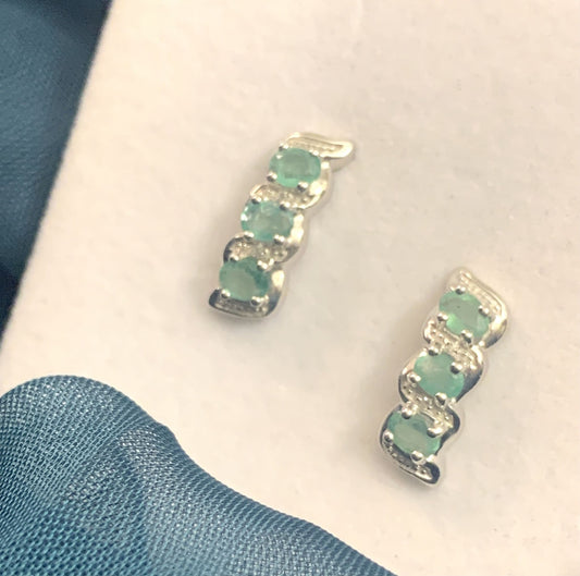 Emerald And Diamond Sterling Silver Green Stud Drop Earrings