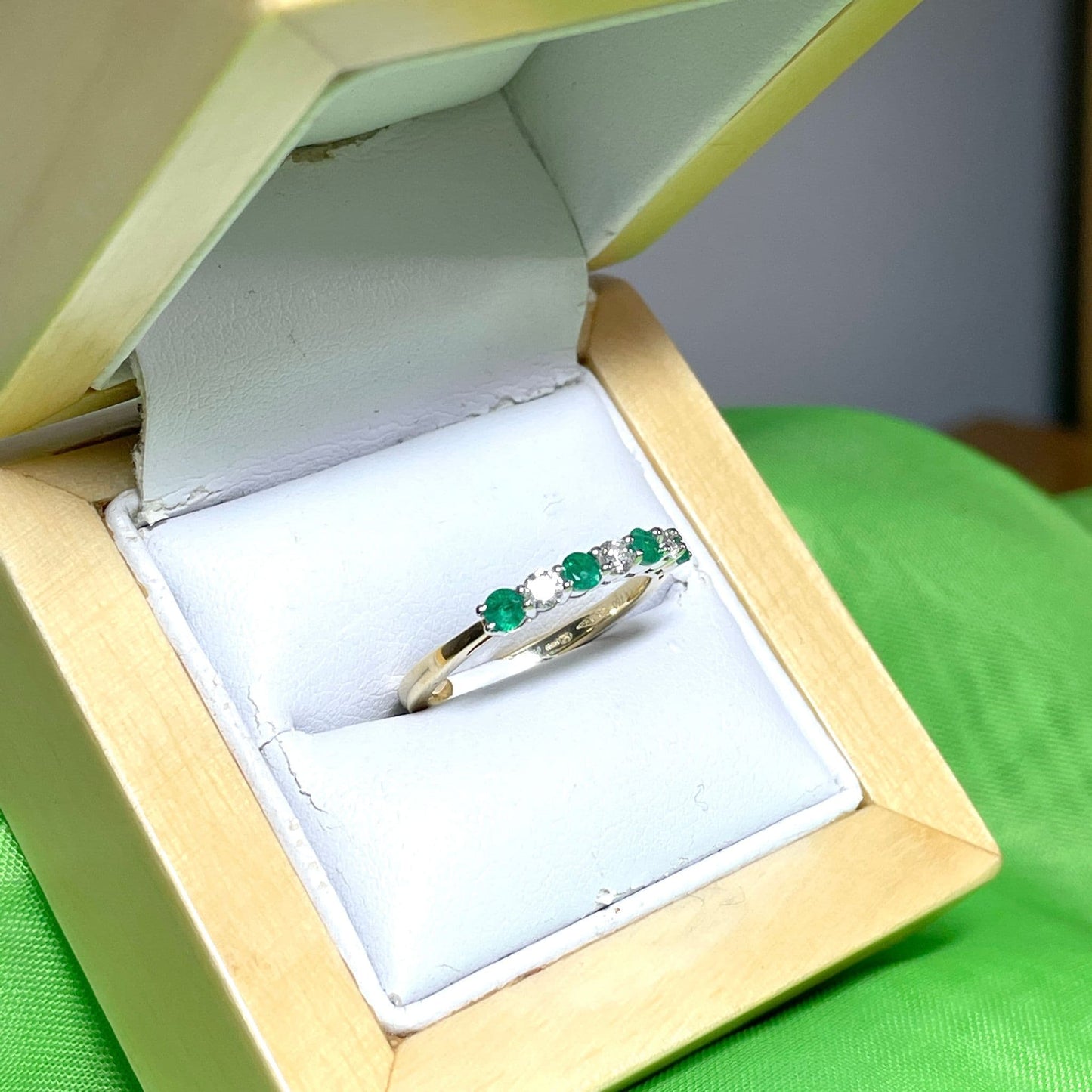 Green Emerald and Diamond Eternity Ring Yellow Gold