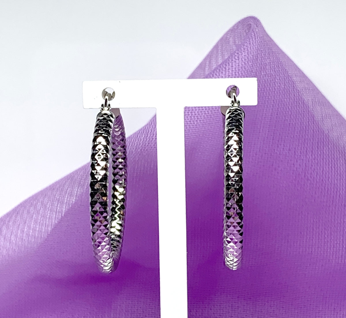 Diamond cut fancy faceted ribbed patterned sterling silver round hoop earrings