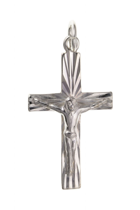 Diamond cut solid sterling silver crucifix cross necklace including chain With a bark effect to it