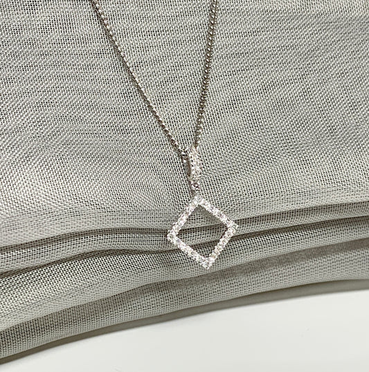 Diamond necklace white gold square shaped open fancy pendant