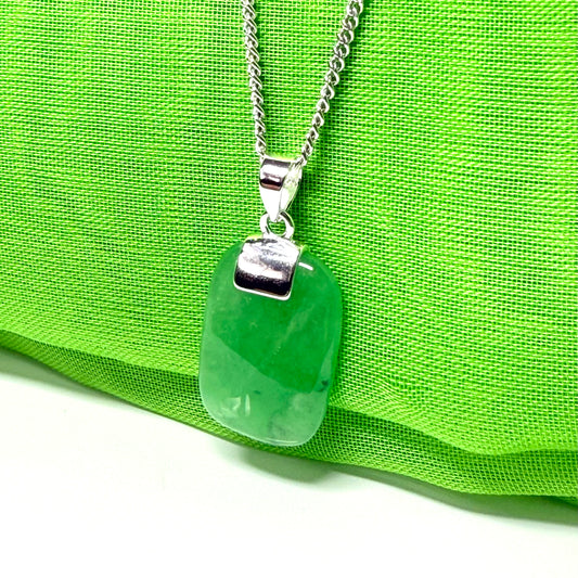 Distinctive necklace pendant having a real green jade sterling silver cushion shaped
