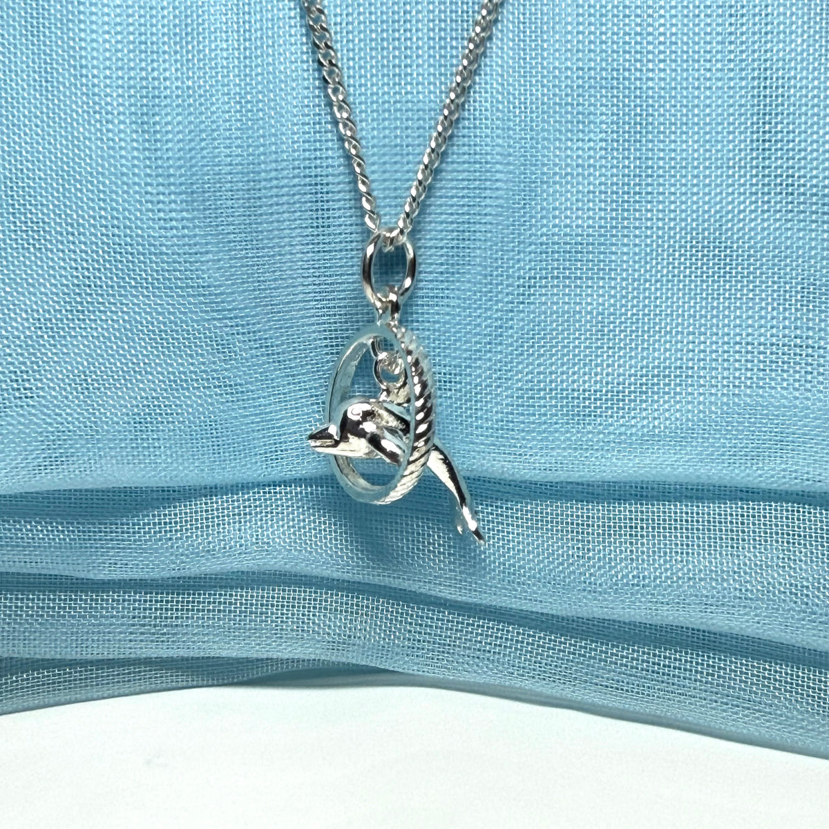Dolphin Performing Though Hoop Sterling Silver Necklace Circle Pendant