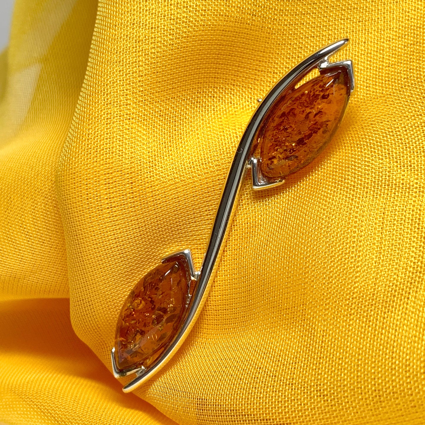 Sterling silver double marquise amber brooch