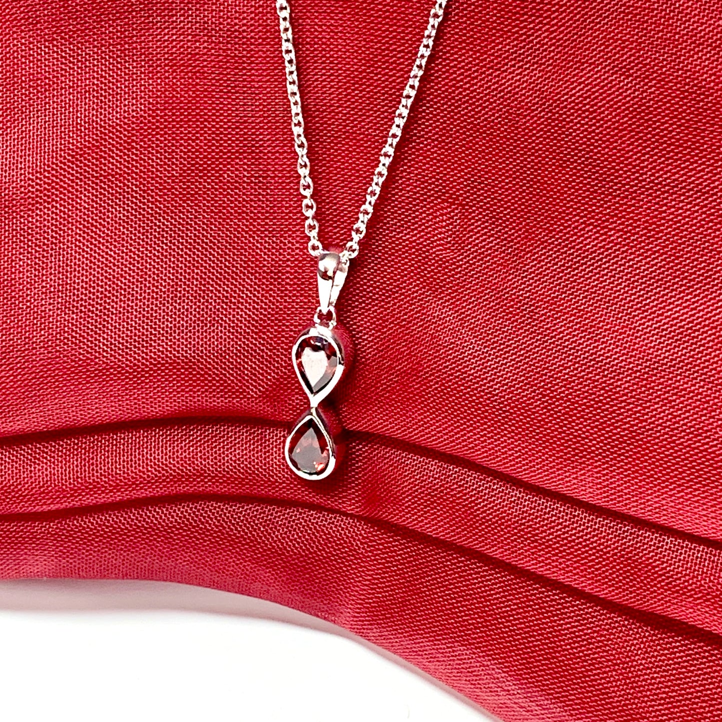 Double real pear cut red garnet stud dropped necklace sterling silver pendant
