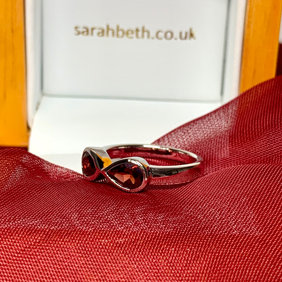 Double pear shaped real red garnet sterling silver fancy dress cocktail ring
