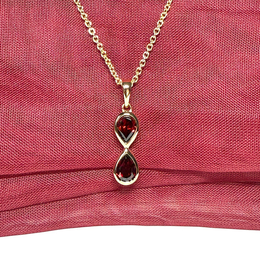 Double real pear cut red garnet stud dropped necklace sterling silver gilt gold plated pendant