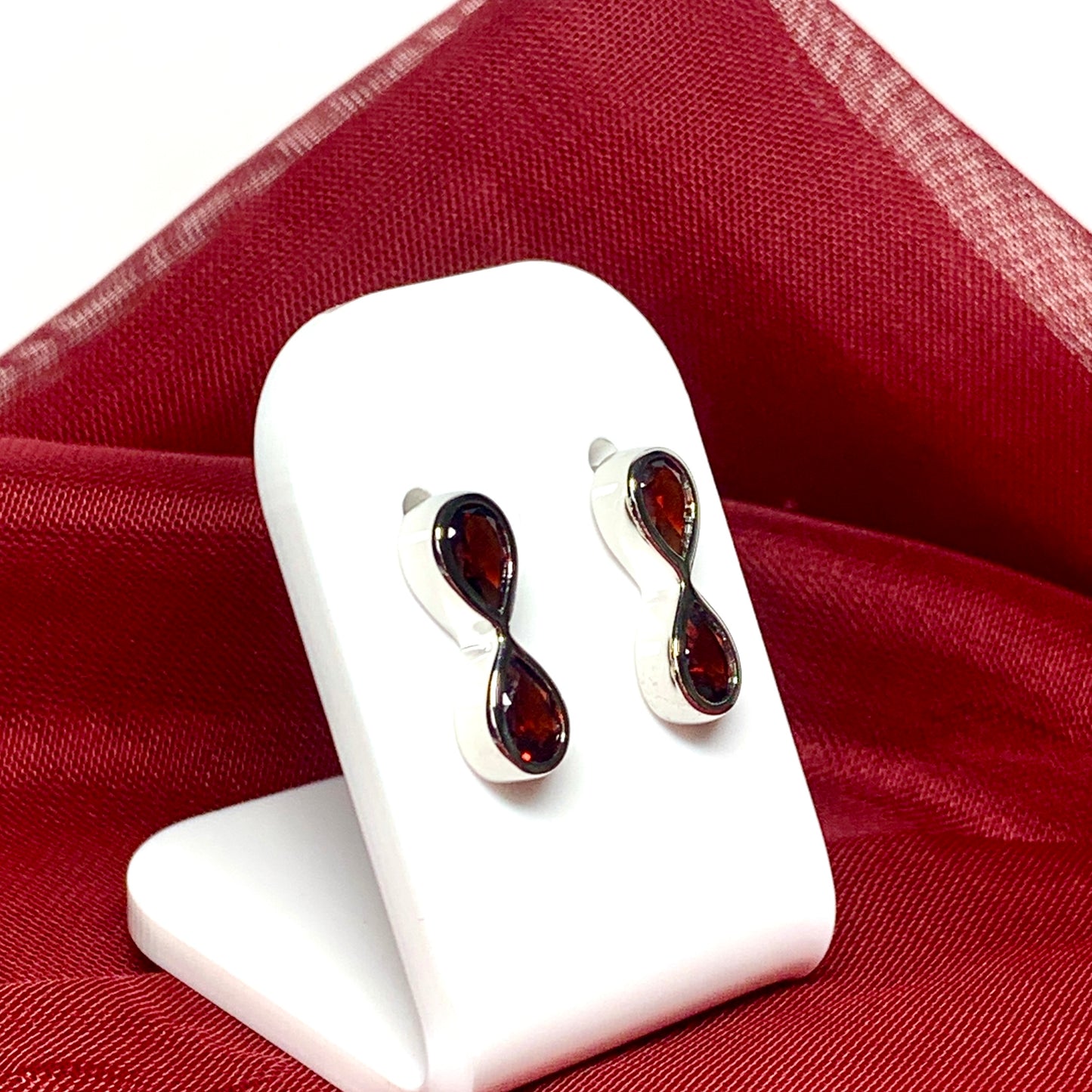 Double real pear cut red garnet stud dropped earring sterling silver