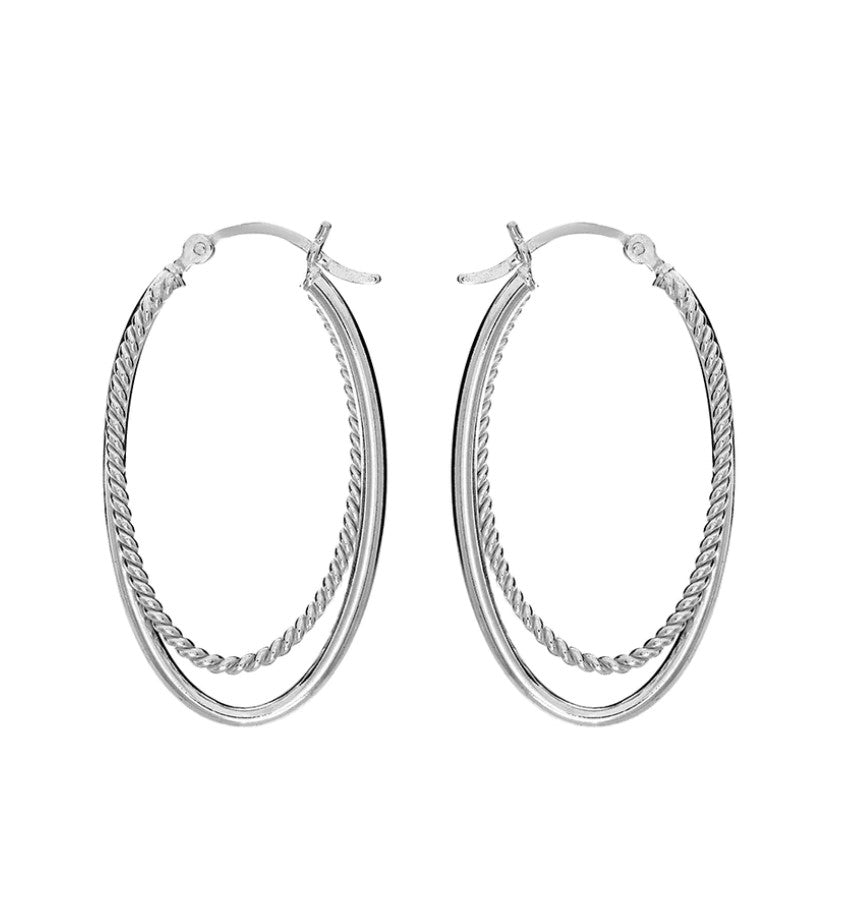 Double oval sterling silver hoop earrings patterned creole