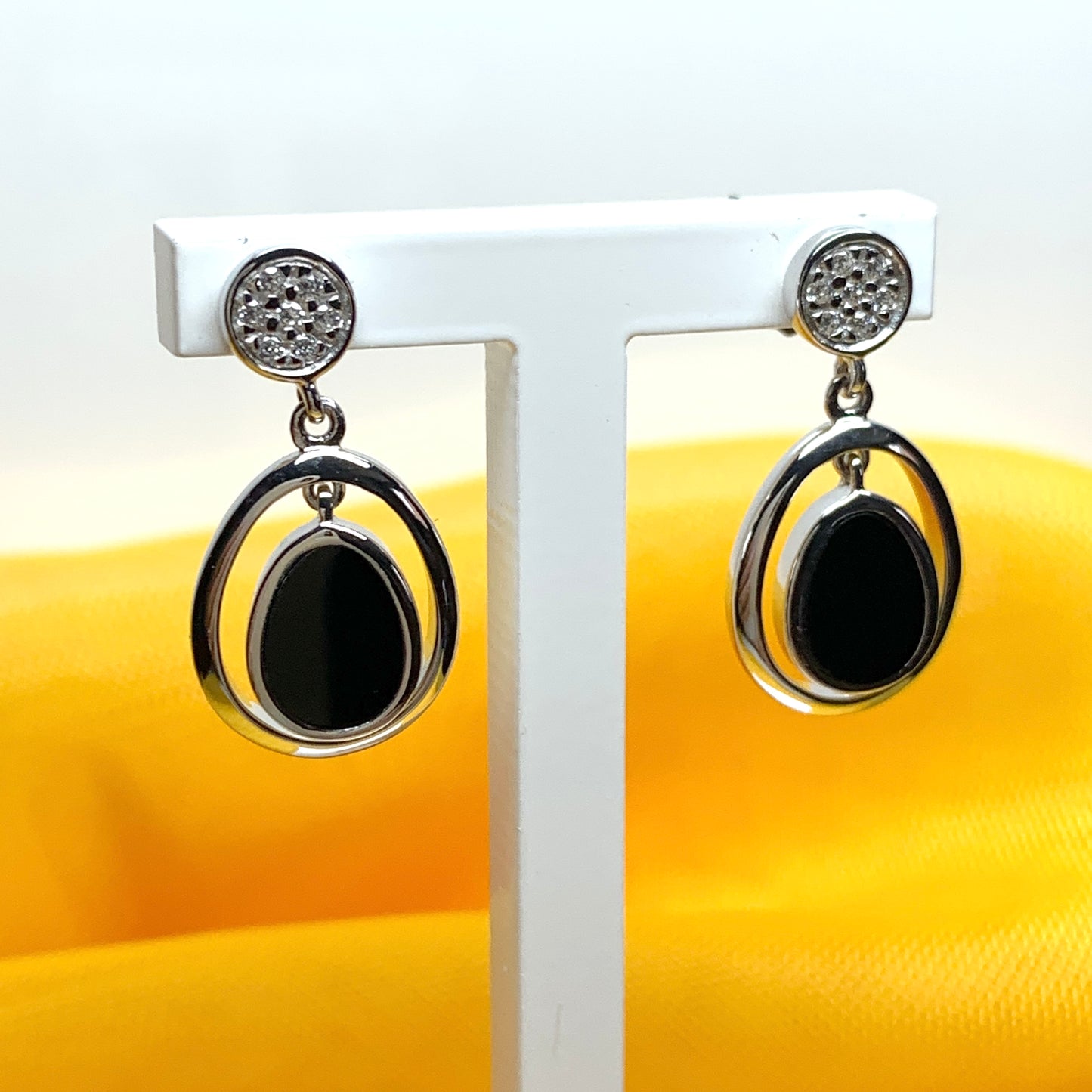 Double oval black onyx sterling silver drop earrings