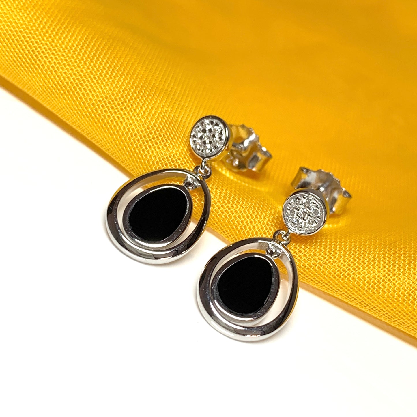 Double oval black onyx sterling silver drop earrings