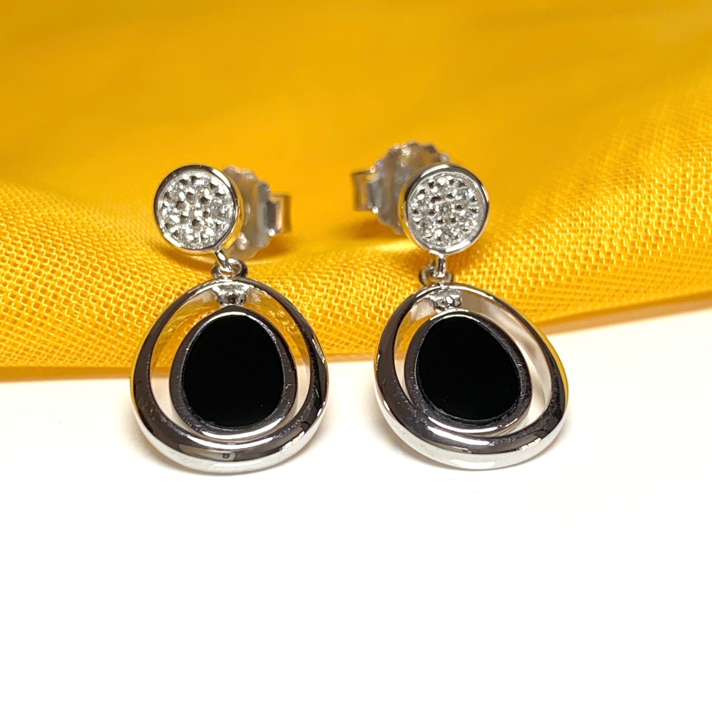 Double oval black onyx sterling silver drop earrings