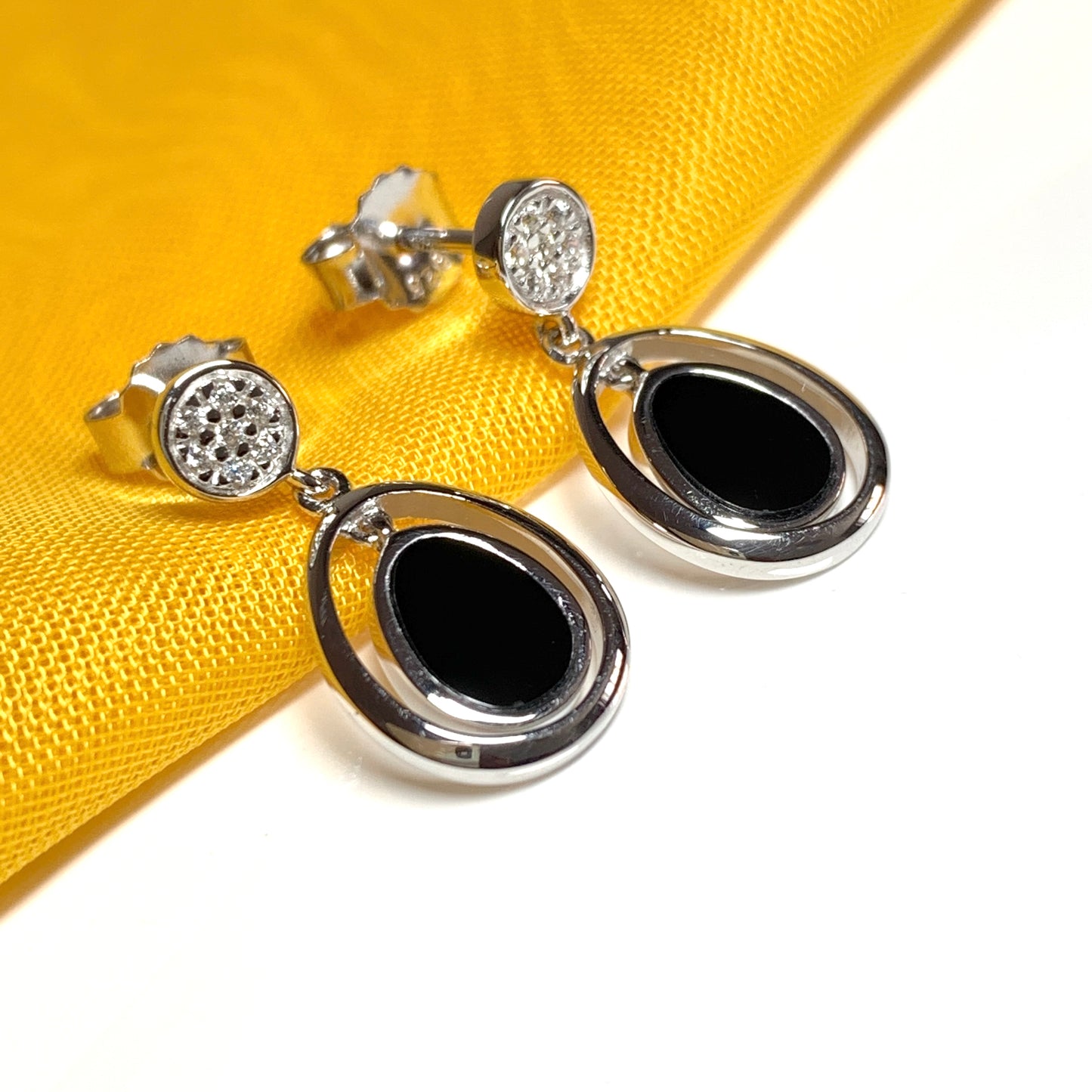 Double oval black onyx sterling silver drop earrings