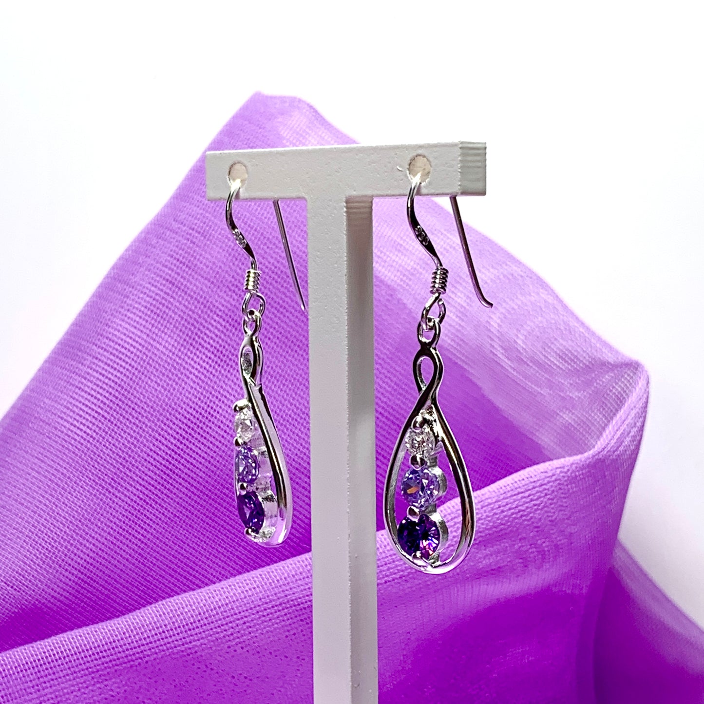 Drop earrings sterling silver pear shaped sparkling purple and white cubic zirconia