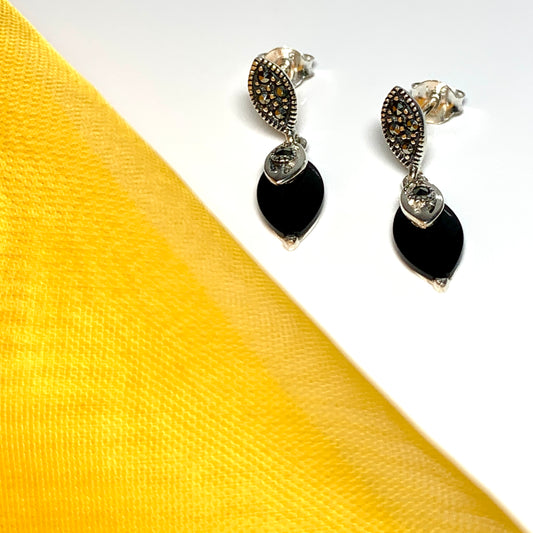 Drop earrings real black onyx with real marcasite marquise shaped sterling silver