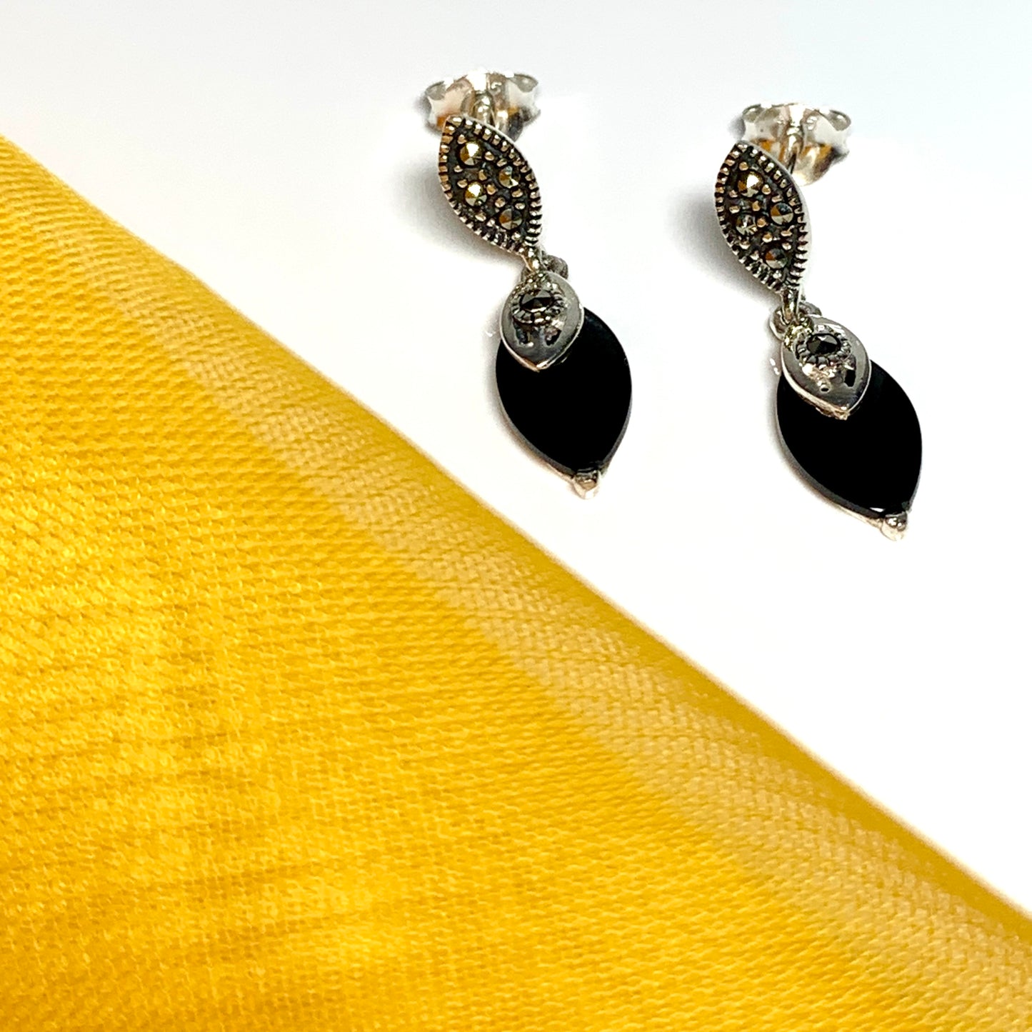 Drop earrings real black onyx with real marcasite marquise shaped sterling silver