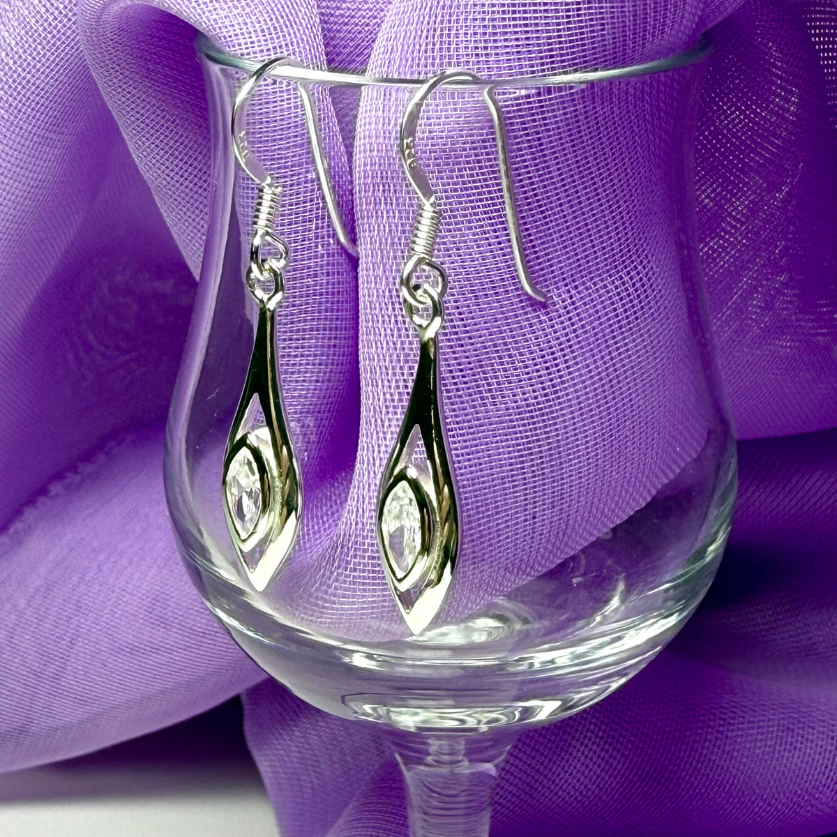 Drop earrings sterling silver marquise shaped sparkling polished cubic zirconia