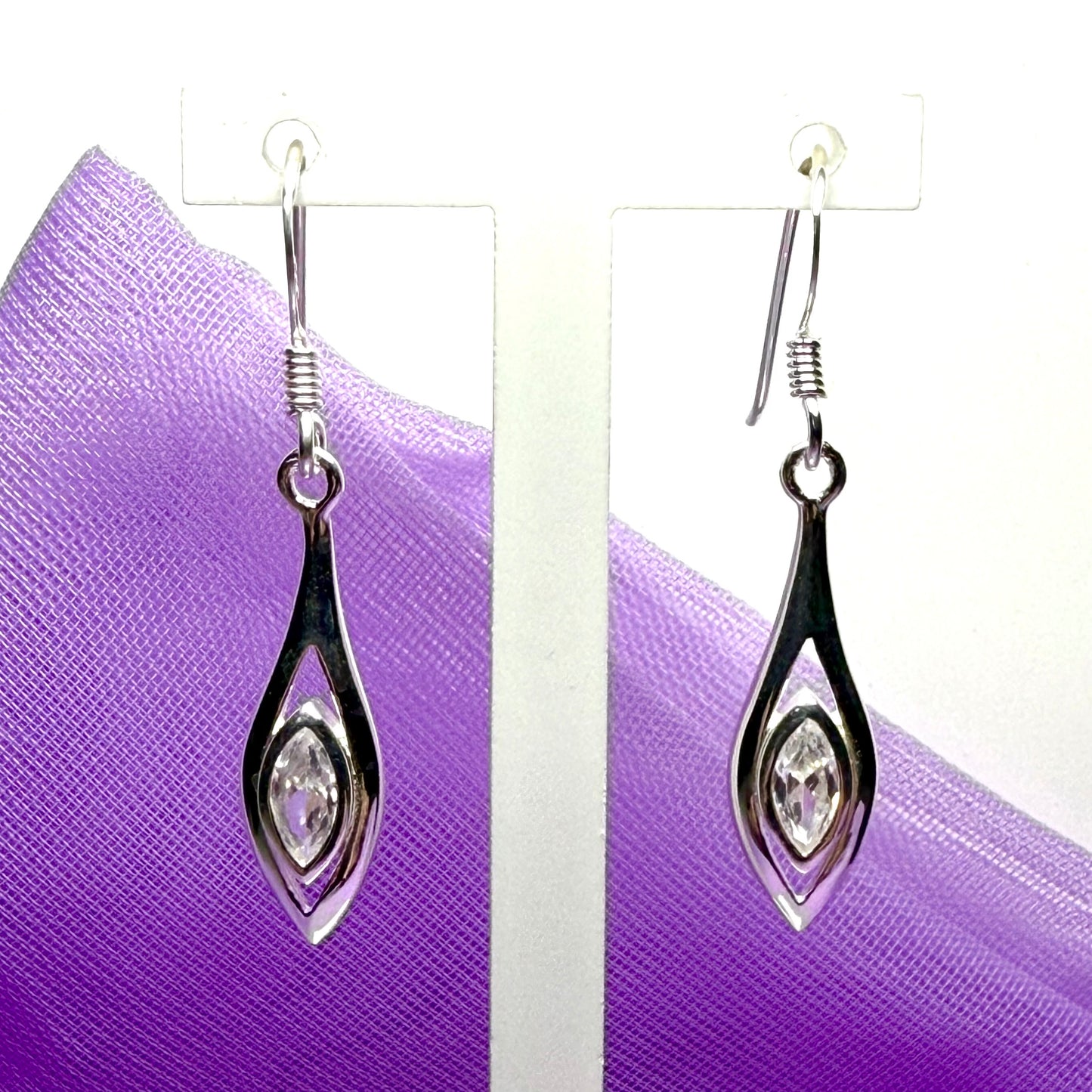 Drop earrings sterling silver marquise shaped sparkling polished cubic zirconia