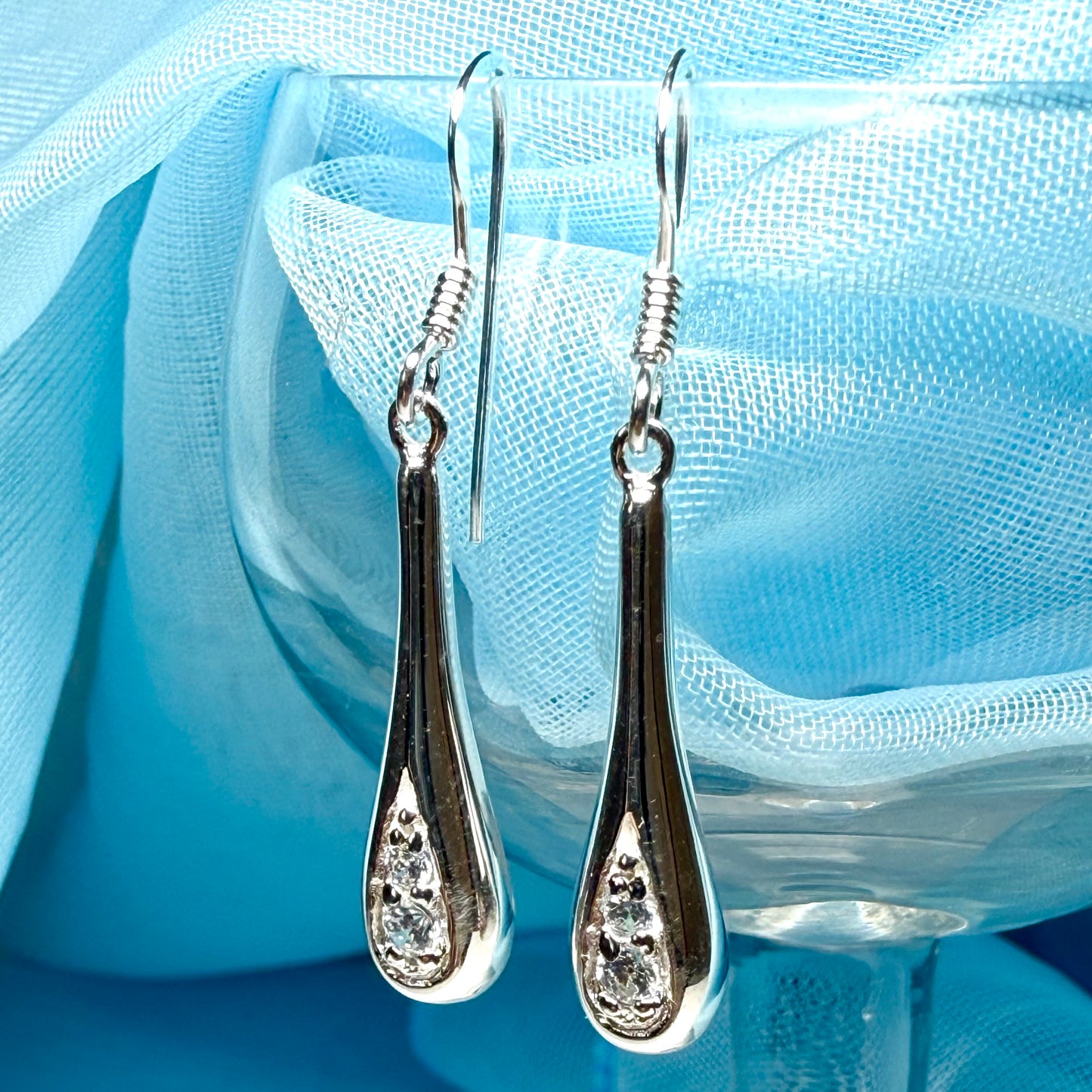 Drop earrings sterling silver pear shaped sparkling polished cubic zirconia