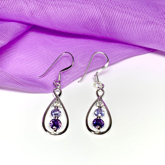 Drop earrings sterling silver pear shaped sparkling purple and white cubic zirconia