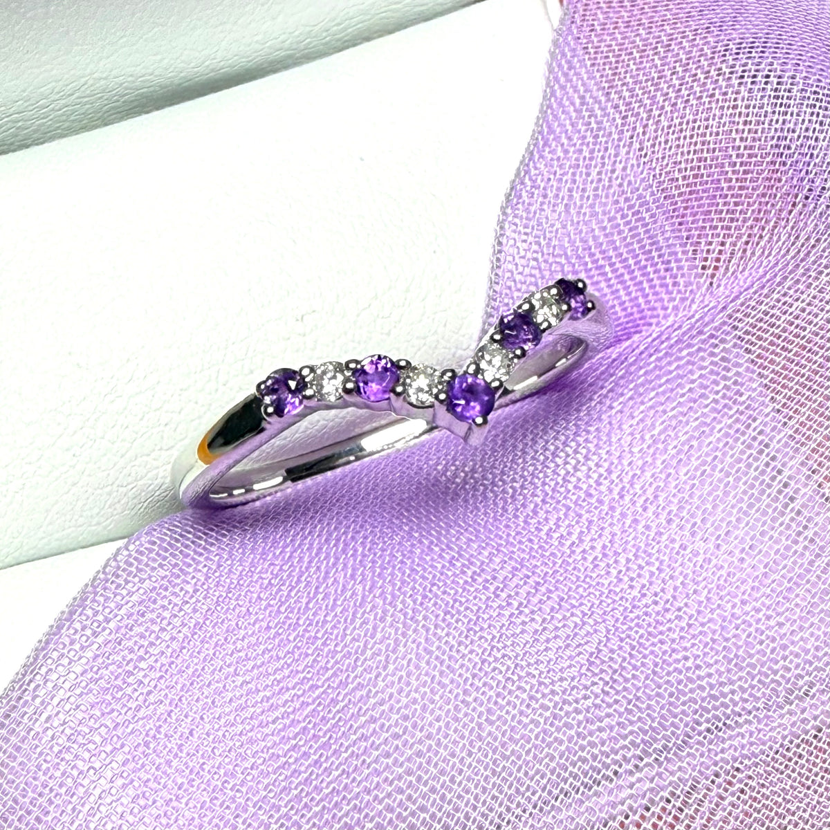 Wishbone ring real purple amethyst and diamond white gold
