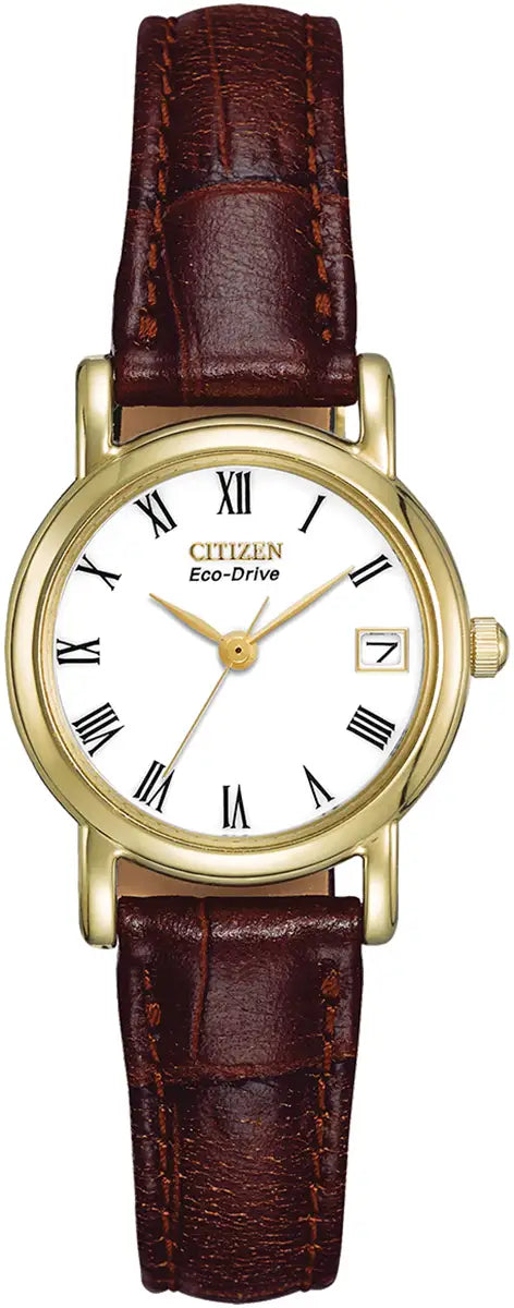 EW1272-01B Citizen Watch Gold Plated Eco-Drive Ladies Brown Strap Roman Numeral