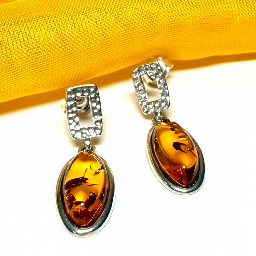Earrings orange real amber oval drop open sterling silver