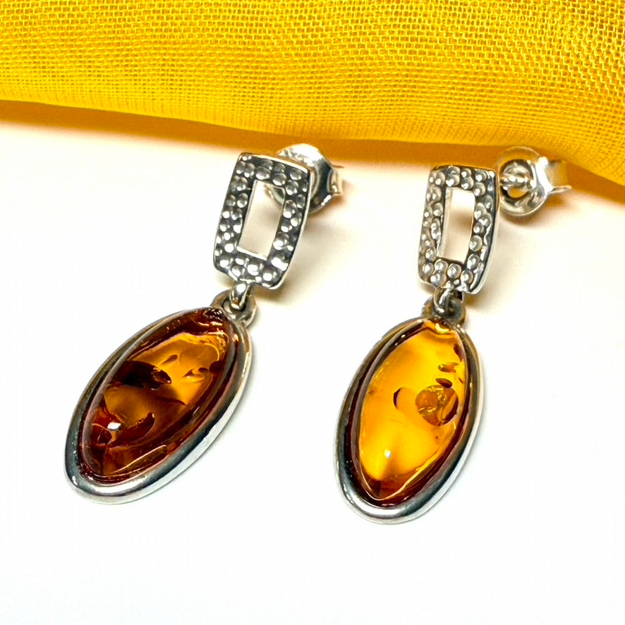 Earrings orange real amber oval drop open sterling silver
