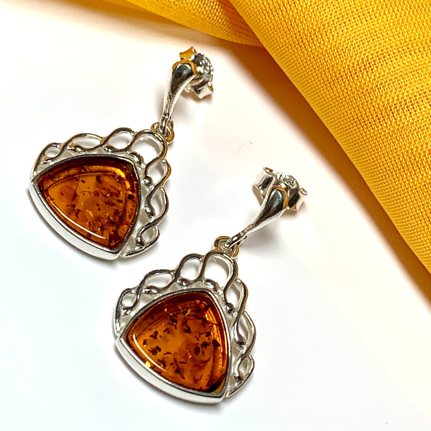 Earrings orange real amber drop triangular pierced open sterling silver