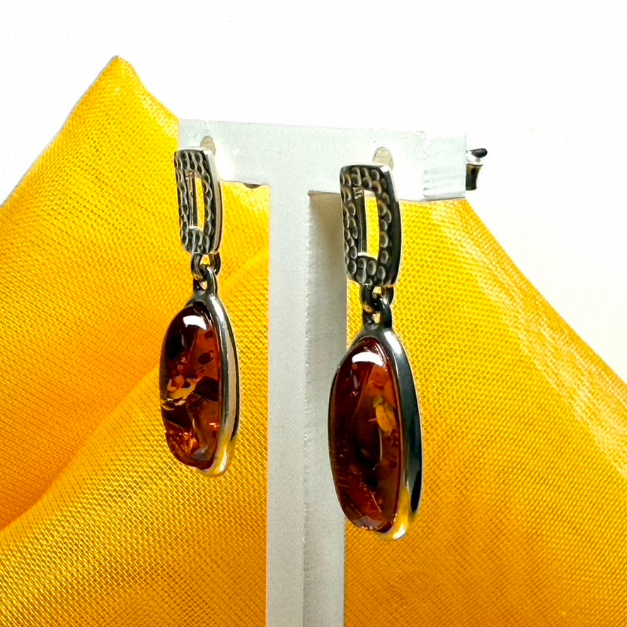 Earrings orange real amber oval drop open sterling silver