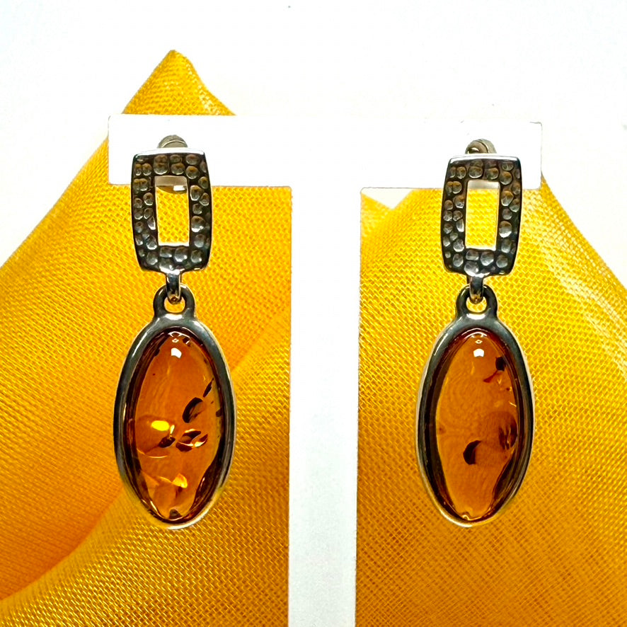 Earrings orange real amber oval drop open sterling silver