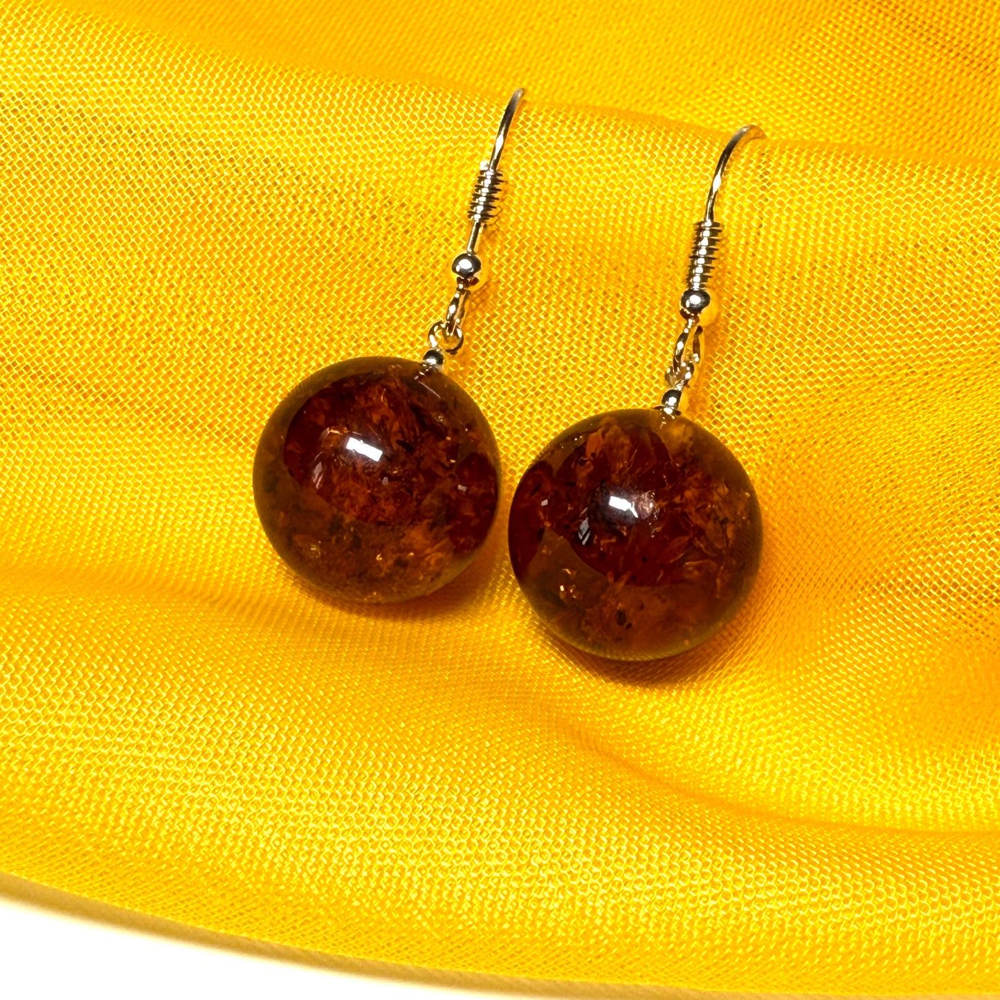 Earrings orange real amber round ball shaped drop open sterling silver