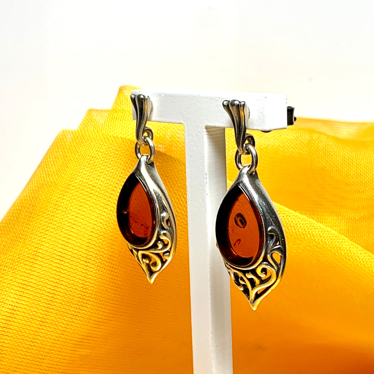 Earrings real amber drop earrings with a scrolled pattern sterling silver