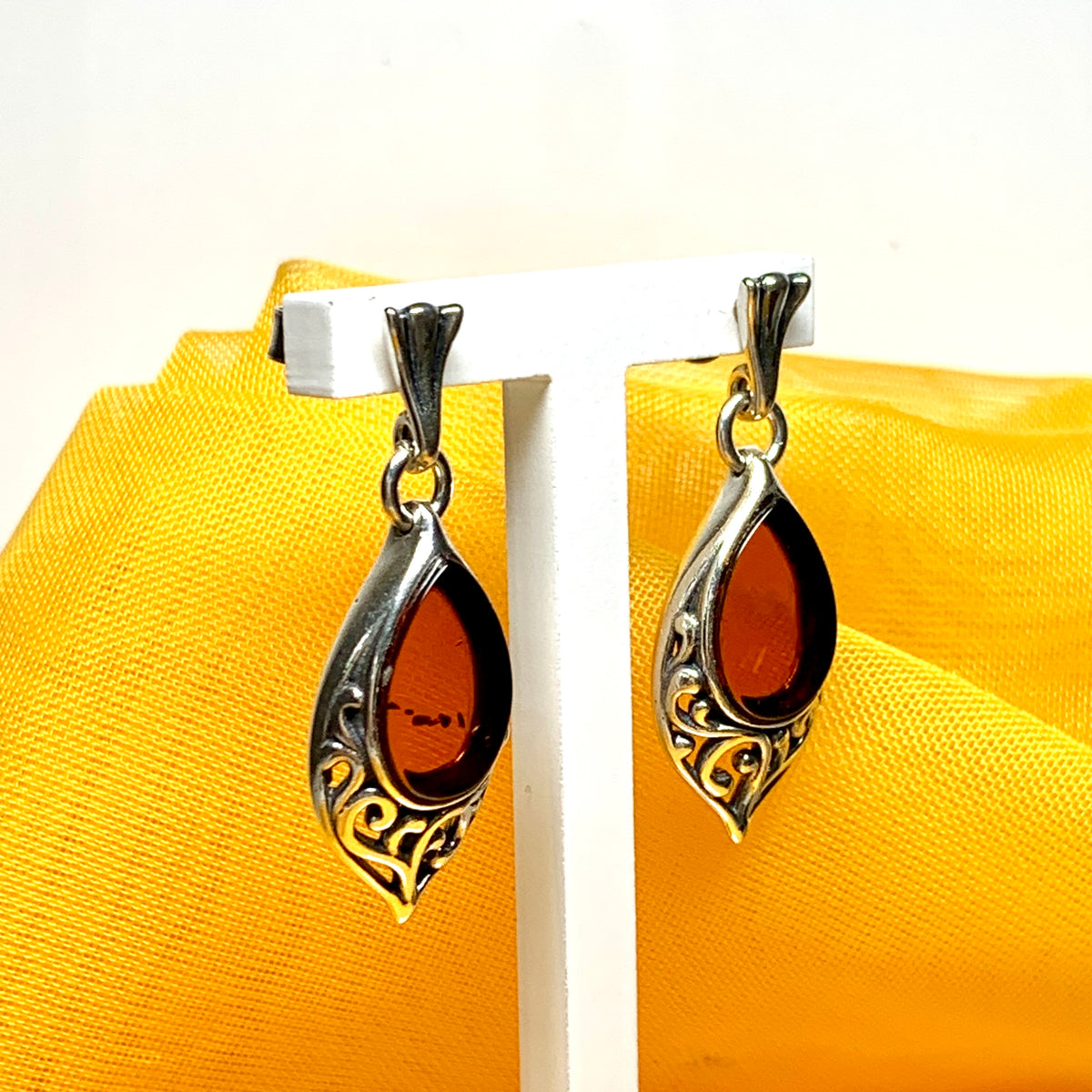 Earrings real amber drop earrings with a scrolled pattern sterling silver