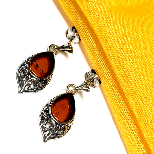 Earrings real amber drop earrings with a scrolled pattern sterling silver