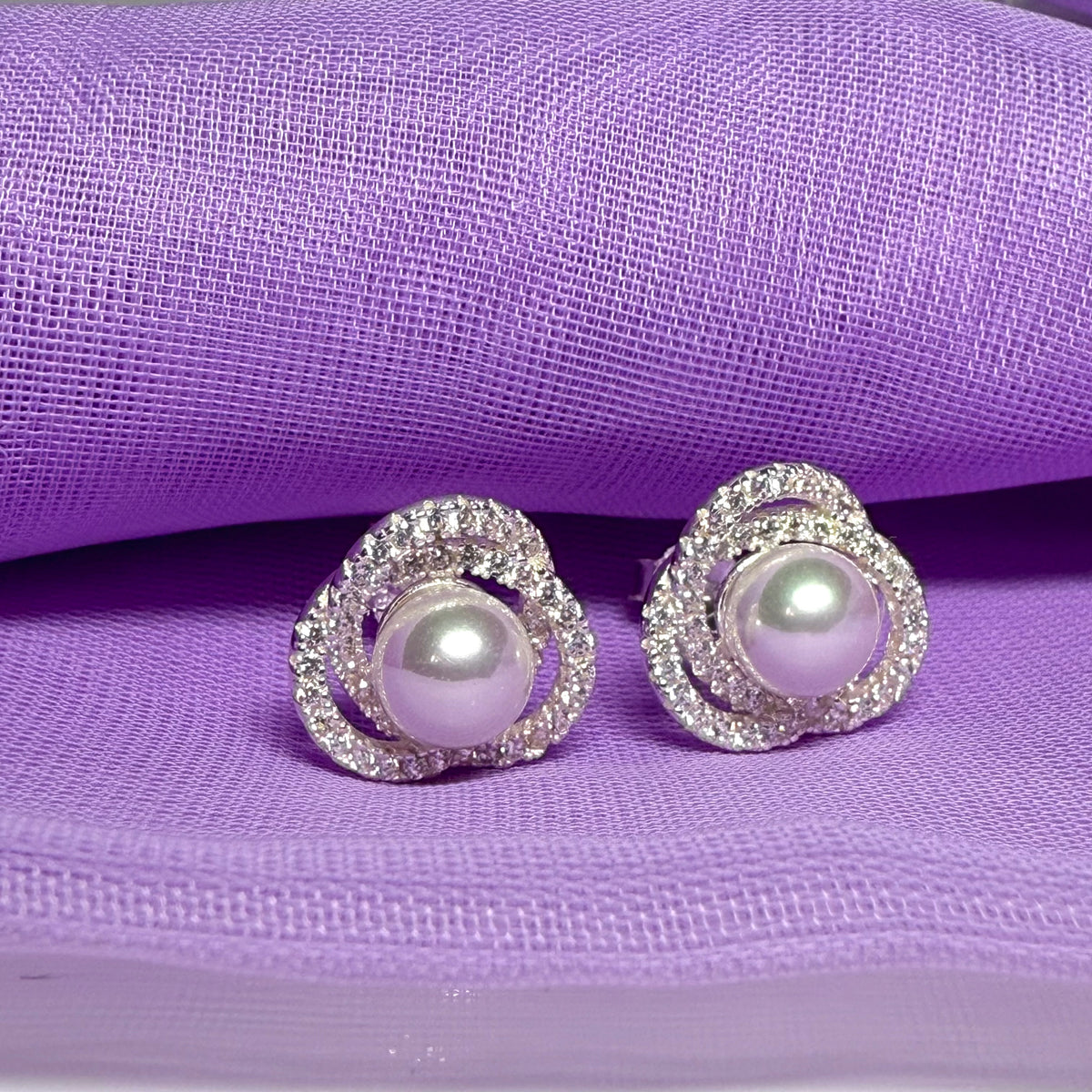 Earrings real freshwater pearl and cubic zirconia trefoil designed sterling silver