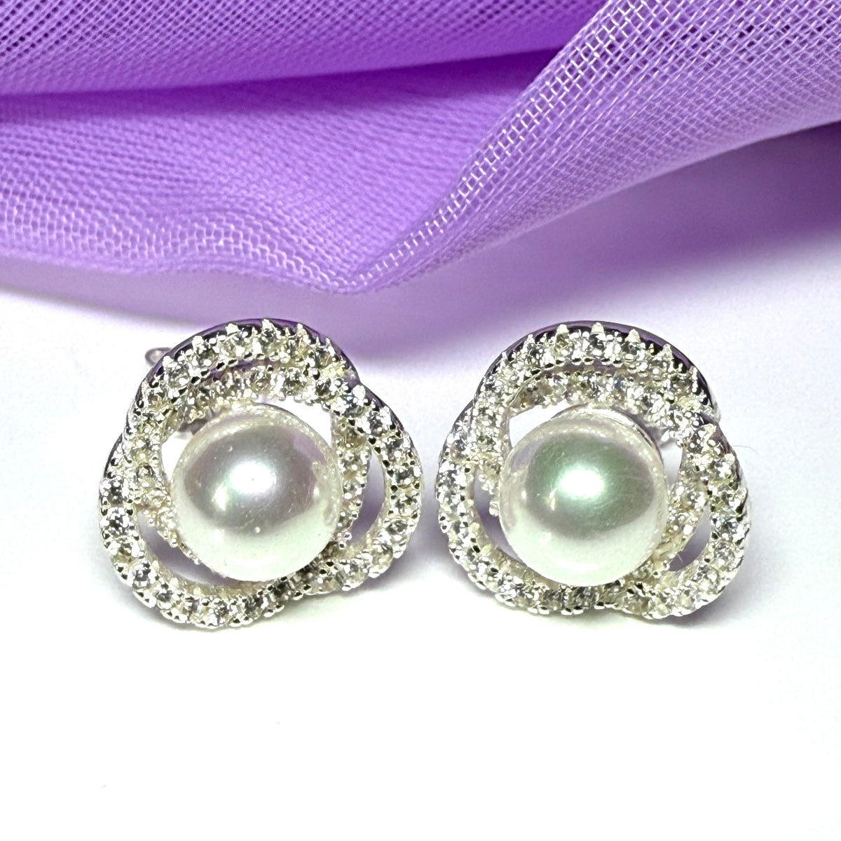Earrings real freshwater pearl and cubic zirconia trefoil designed sterling silver