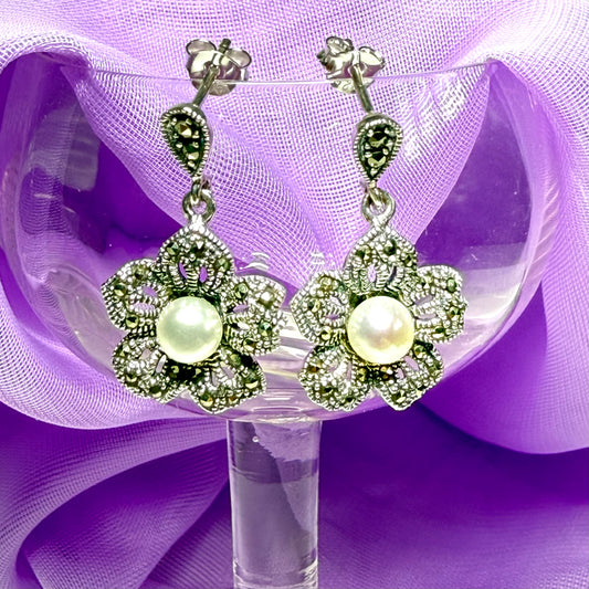 Earrings real marcasite and real freshwater cultured pearl flower shaped sterling silver