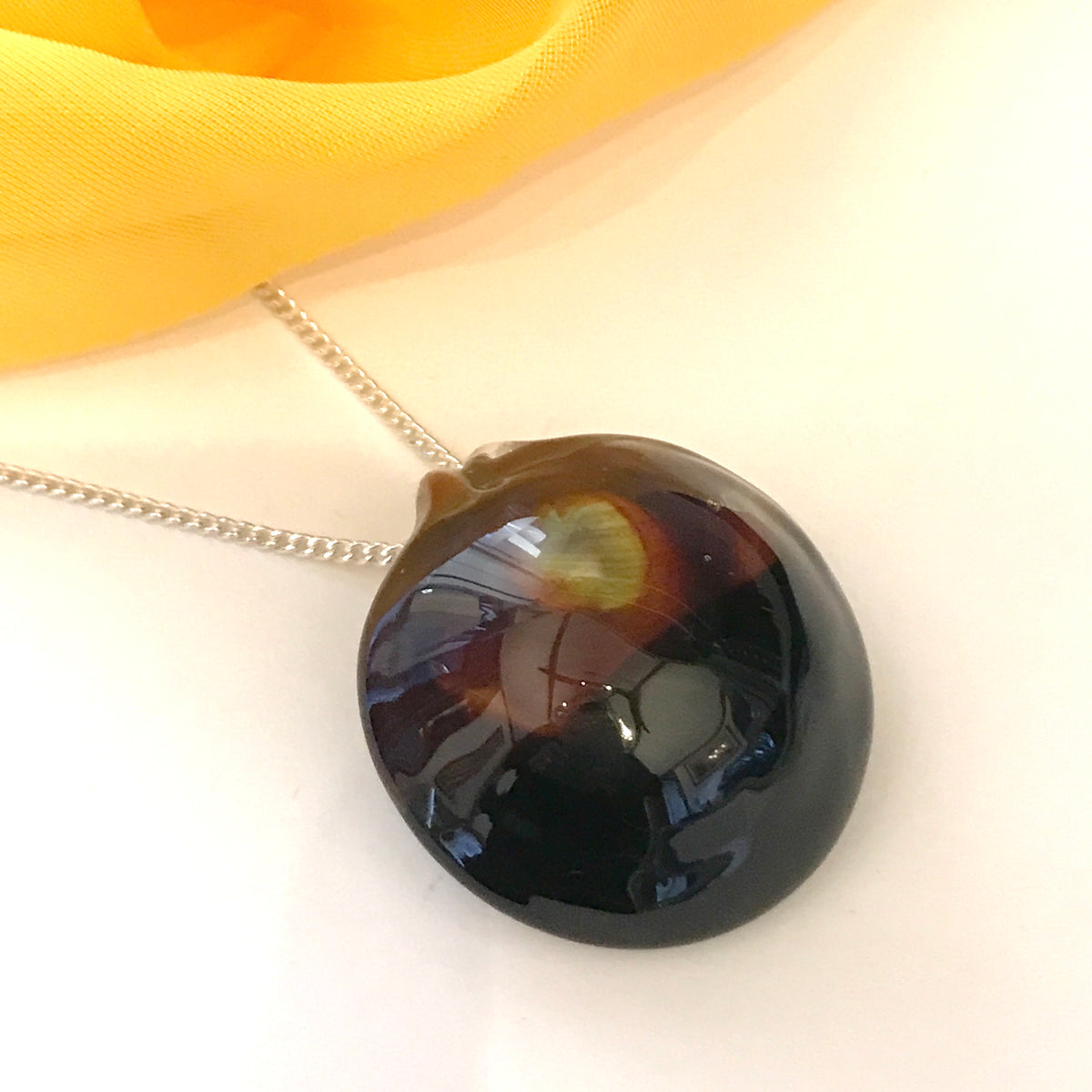 Elegant brown black round real Murano Glass necklace with a chain