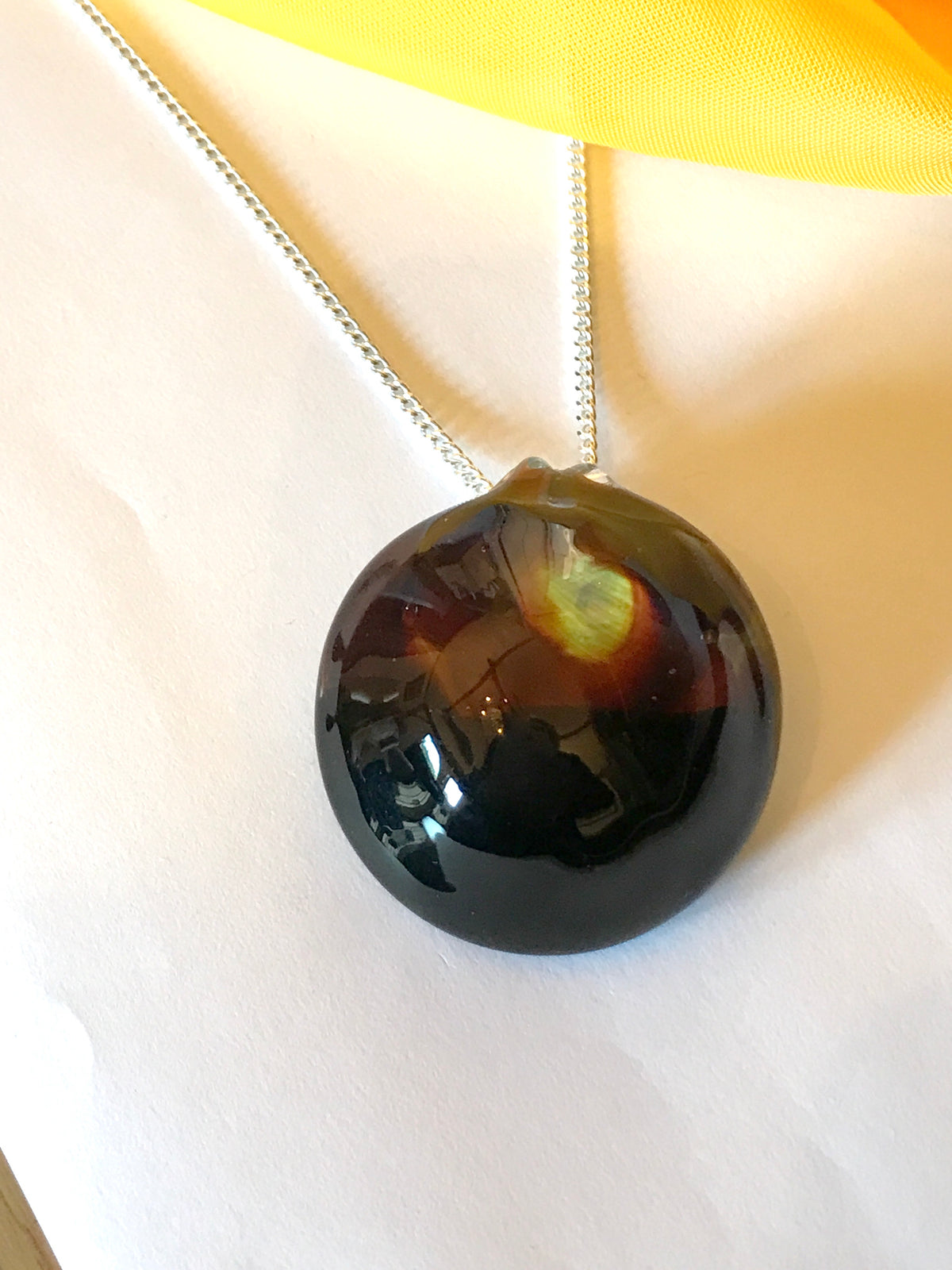 Elegant brown black round real Murano Glass necklace with a sterling silver chain