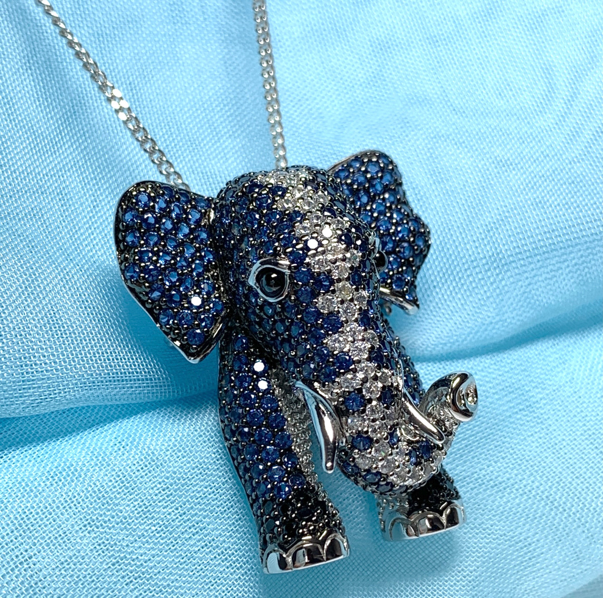 Elephant blue and white cubic zirconia fancy sparkling necklace including chain