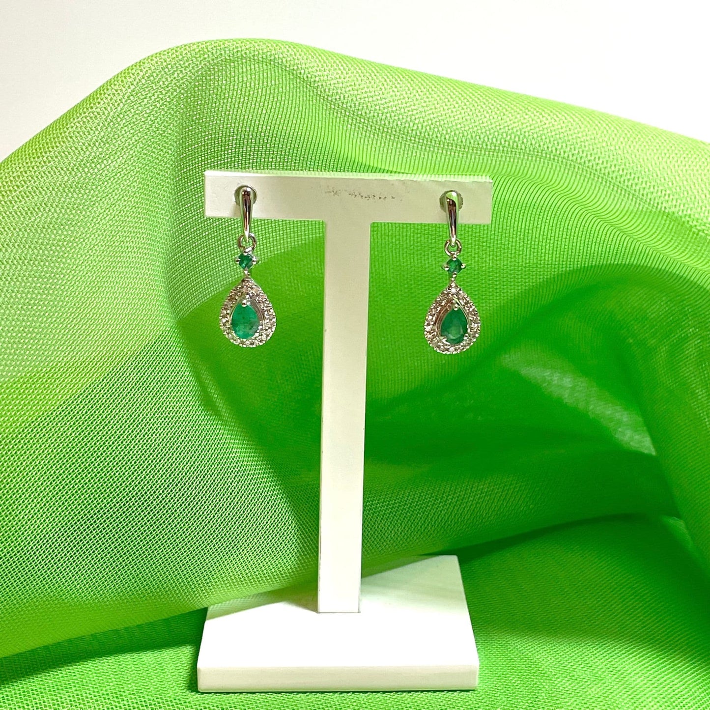Real emerald and diamond white gold teardrop cluster drop earrings